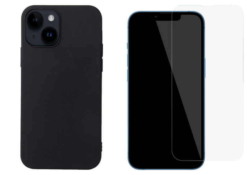 Pakke m. 1stk iPhone 14 Soft Matte Silikone Cover -Sort & 1stk Skærmbeskyttelse / Beskyttelsesglas / Hærdet Glas til iPhone 14