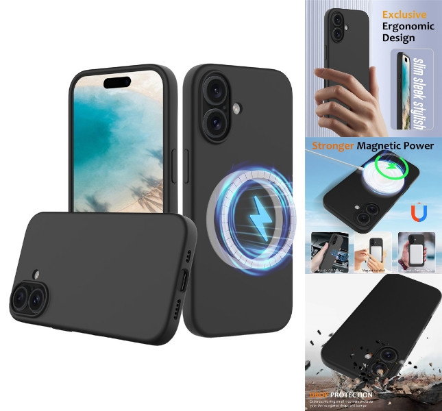 iPhone 16 Plus med sort silikone cover