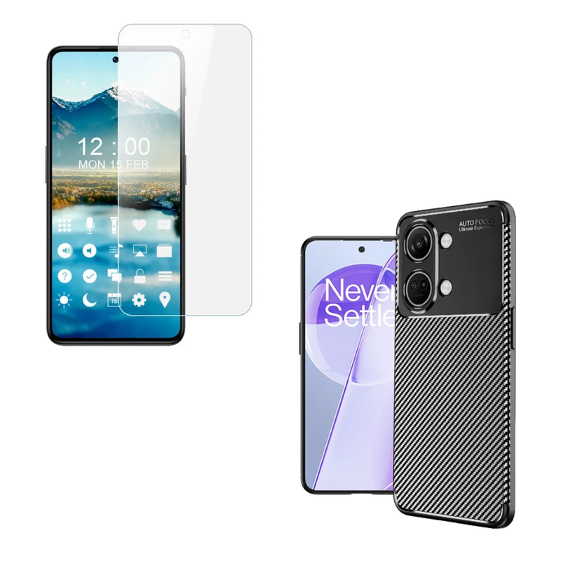 Pakke m. Sort Carbon Cover til OnePlus Nord 3 5G & Skærmbeskyttelse / Beskyttelsesglas / Hærdet Glas til OnePlus Nord 3 5G
