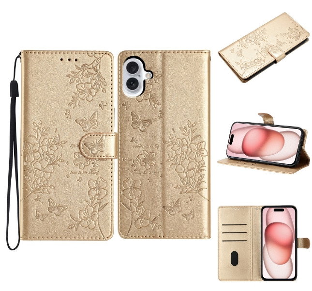 iPhone 16 Pung Etui med Sommerfugle og Blomstermotiv forside