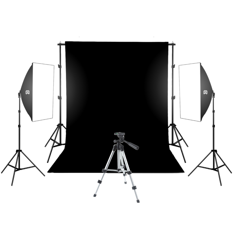 Fotostudie med Stor Sort Fotobaggrund, Stativ, Tripod og 2 Softboxe