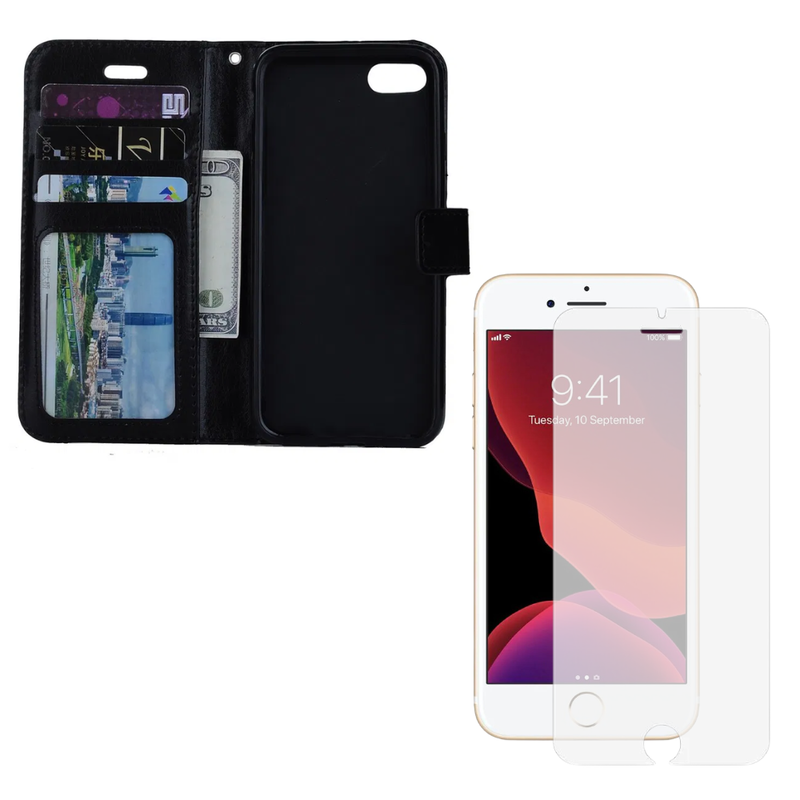 Pakke m. Skærmbeskyttelse / Hærdet Beskyttelsesglas til iPhone 7 / 8 & Graviera Flip Cover Til iPhone 7 / 8 / SE (2020)-Sort