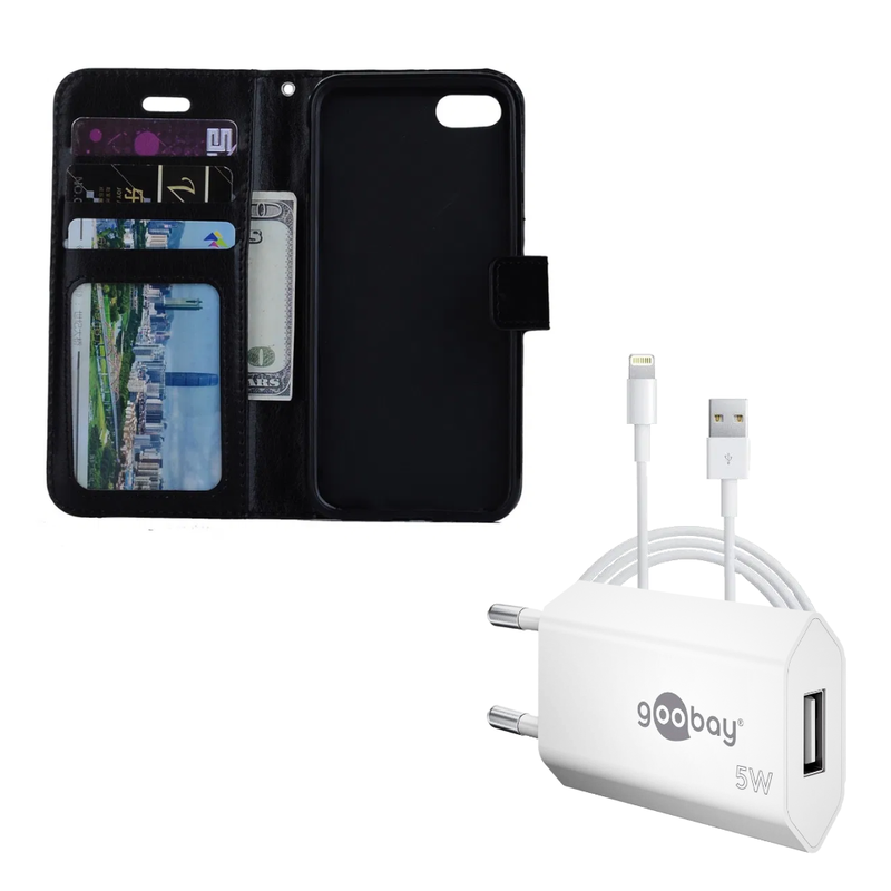 Pakke m. Graviera Flip Cover Til iPhone 7 / 8 / SE (2020)-Sort & Oplader til iPhone SE (2020)