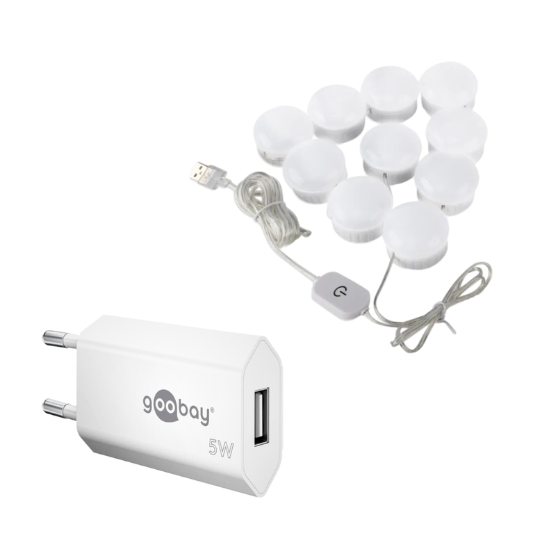 Pakke m. USB Oplader til Stikkontakt til fx. iPhone, Samsung & iPad & 10-LED Lyskæde til Spejl
