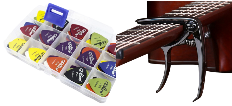 Pakke m. 1stk 24-Pak Guitarplekter & 1stk Clip-On Guitar Capo