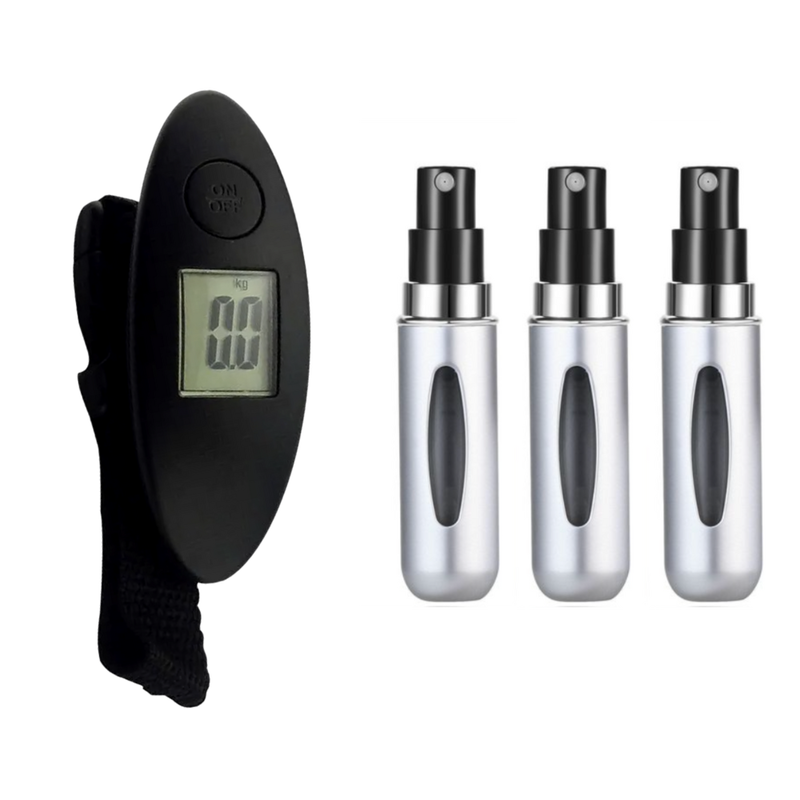 Pakke m. Digital Bagagevægt - Max 40 kg & 3 Stk Mini Genopfyldelig Sprayflaske til Parfume - 5 ml