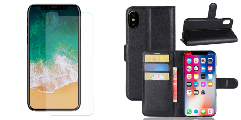 Pakke m. 1stk Skærmbeskyttelse / Beskyttelsesglas / Hærdet Glas til iPhone X / XS & 1stk iPhone X / XS Graviera Flip Cover-Sort