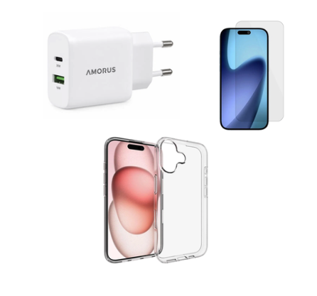 Tilbehørspakke til iPhone 17 m. Glas, Cover & 30W USB-C & USB-A Hurtig Oplader