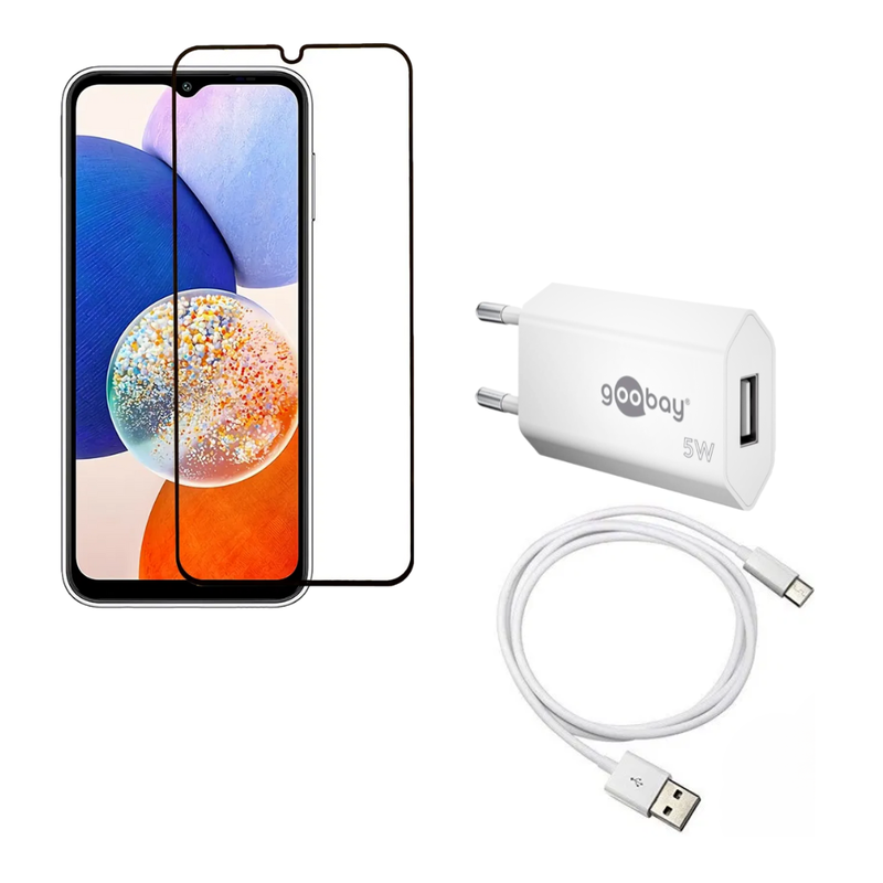 Pakke m. Oplader til Samsung Galaxy A14 4G / 5G & Beskyttelsesglas / Skærmbeskyttelse / 3D Glas til Samsung Galaxy A14 4G / 5G