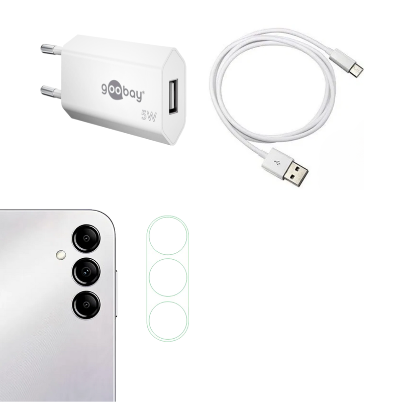 Pakke m. Oplader til Samsung Galaxy A14 4G / 5G & Kamera Skærmbeskyttelse / Beskyttelsesglas til Samsung Galaxy A14 4G / 5G