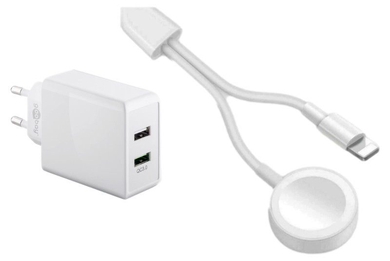 2-i-1 Oplader til Apple Watch & iPhone & Dobbelt USB Hurtig Oplader til Stikkontakt