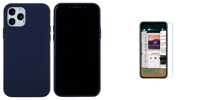 Pakke m. 1stk Matte Slim Silikone Cover til iPhone 12 Mini-Mørkeblå & 1stk Skærmbeskyttelse / Hærdet beskyttelsesglas til iPhone 12 Mini