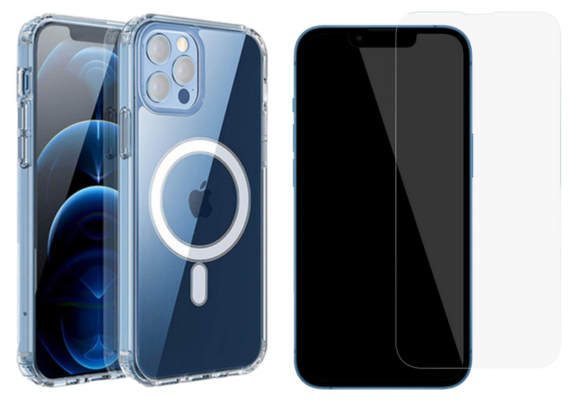 Pakke m. 1stk iPhone 14 Gennemsigtigt Cover med MagSafe & 1stk Skærmbeskyttelse / Beskyttelsesglas / Hærdet Glas til iPhone 14