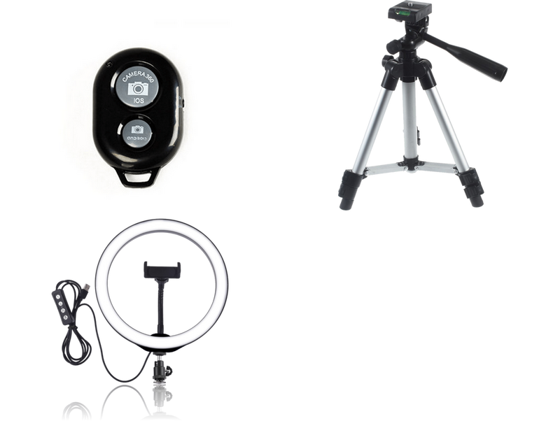 Pakke m. 1stk Bluetooth Udløser til Selfie Stang / Mobilkamera & 1stk Selfie Ring Light på Stativ - Stor & 1stk Selfie Ring Light på Stativ - Stor