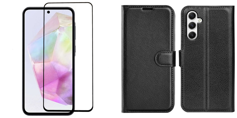 Pakke m. 1stk Samsung Galaxy A35 5G Skærmbeskyttelse / 3D Glas & 1stk Samsung Galaxy A35 5G Graviera Flip Cover