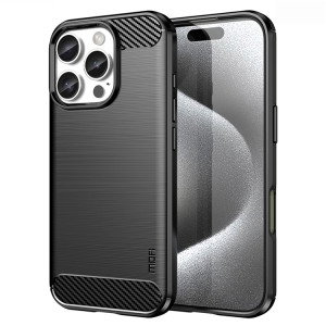 Nærbillede af kulfiberlook design på iPhone 16 Pro Max cover