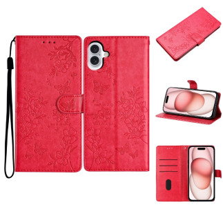 iPhone 16 etui i rød med sommerfugle- og blomsterdesign forfra