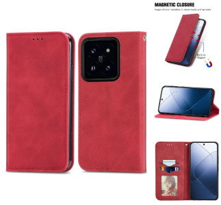 Rødt lædercover til Xiaomi 14T Pro vises forfra