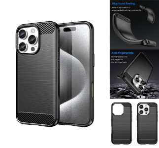 iPhone 16 Pro sort cover med kulfibertekstur forfra