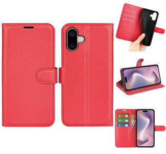 Læder Wallet Cover til iPhone 16 i rød farve forside