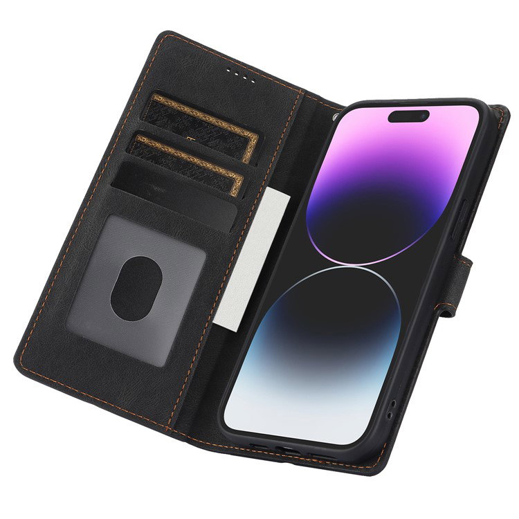 Sort lædercover til iPhone 16 Pro Max med åben tegnebogsside