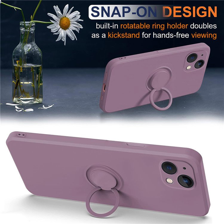 Visning af lilla iPhone 15 cover med drejelig ringstander