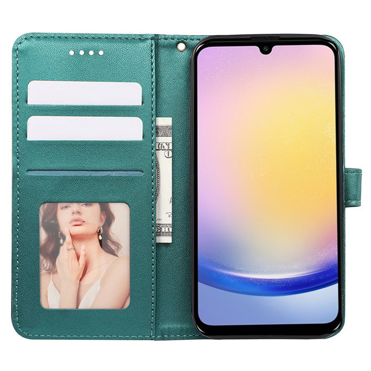 Grønt læder flipcover til Samsung Galaxy A25 5G åben set fra siden