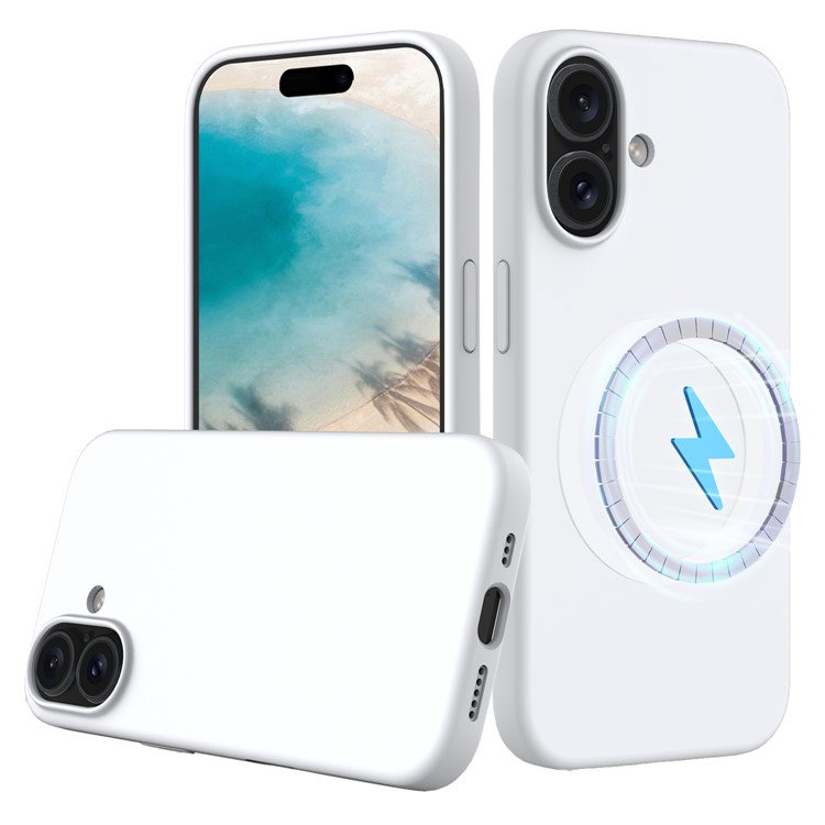 Bagsiden af iPhone 16 Plus med hvidt silikonecover